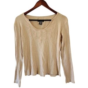 VTG Covington Tan Henley Ribbed Knit Top Sz S Long Sleeve Cotton Coquette Girl